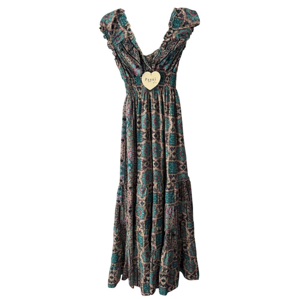 New Paani Luv Sweetheart Smocked Flutter Cap Blue Boho Maxi Sundress, Medium